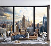 Papel Pintado Pared Panorámico Fotografía de paisajes urbanos Edificio Empire State de Nueva York 300x210cm Fotomurales Seda, Murales Decoración de Pared, Póster Personalizado 3DOro azul