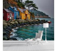 Papel Pintado Pared Panorámico Fotomurales Casas Junto Al Mar Pintura Paisaje Nórdico Sala De Estar Dormitorio 400X280Cm Murales De Pared Papel Pared
