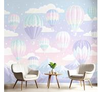 Papel Pintado Pared Panorámico Globo Aerostático Animados Seda, 300X210Cm, Estrellado Montaña Violeta Claro, Póster Gigante De Pared Personalizado 3D Para Salón Dormitorio Fotomurales Decoración