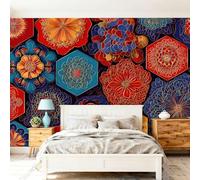 Papel Pintado Pared Panorámico Hexágono Geométrico Tradicional Mandala - 350 x 256 cm Gigante Papel pintado tejido no tejido, Vistoso Póster Fotomurales Decoración Para Salón Dormitorio