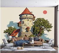 Papel Pintado Pared Panorámico Ilustraciones de cuentos de hadas Árboles del Castillo de Piedra 200x140cm Fotomurales Seda, Murales Decoración de Pared, Póster Personalizado 3DVerde