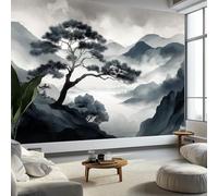 Papel Pintado Pared Panorámico Minimalista Estilo Chino Árboles Montañas, 350 x 256 cm Póster Gigante De Pared Personalizado 3D Para Salón Dormitorio, Gris Papel Pintado Tapiz De Pared Grande