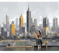 Papel Pintado Pared Panorámico Paisaje urbano abstracto de Seda, Tamaño personalizado,Amarillo grisáceo Bandada de pájaros en un rascacielos, Póster Gigante de Pared Sala Cuarto Oficina Salón