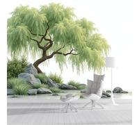 Papel Pintado Pared Panorámico Pájaro Sauce Verde 300x210cm, Estilo Chino Simple Murales Decoración De Pared, Fotomurales Seda Para Salón Dormitorio, Verde