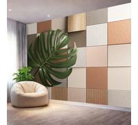 Papel Pintado Pared Panorámico Resumen Monstera Deliciosa Azulejos Geométricos, 400 x 280 cm Póster Gigante De Pared Personalizado 3D Para Salón Dormitorio, Beige Papel Pintado Tapiz De Pared Grande