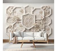 Papel Pintado Pared Relieve De Borde De Plantas En 3D Papel Pintado Efecto 3D Flores Exóticas Salón Dormitorio Beige Fotomurales Tejido No Tejido Murales Decorativos Pared, 300X210Cm