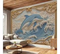 Papel Pintado Pared Relieve De Delfín Con Olas En 3D Papel Pintado Efecto 3D Frontera Nórdica Salón Dormitorio Beige Dorado Fotomurales Tejido No Tejido Murales Decorativos Pared, 350X256Cm