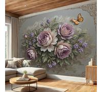 Papel Pintado Pared Relieve De Rosa Barroca Papel Pintado Efecto 3D Pinturas Botánicas Al Óleo De Época Salón Dormitorio Gris Fotomurales Tejido No Tejido Murales Decorativos Pared, 250X175Cm