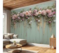 Papel Pintado Pared Tableros De Madera Retro, 350x250cm Papel de Pared Panorámico Corona De Rosas Póster Gigante Fotomurales Decorativos Murales Para Salón Dormitorio Habitación De Niños, Verde Claro