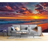Papel Pintado Pared Vista Natural A La Playa,250 × 175 Cm Material De Seda Mural,Color Naranja Papel Tapiz 3D Adecuado Para Decoración Paredes Sala, Dormitorio-Atardecer Olas
