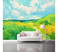 Papel pintado Pastizales, 400 x 280 cm Estilo Minimalista De Pintura Al Óleo Papel tapiz fotográfico personalizado no tejido para sala de estar, decoración de pared para habitación de niños Verde