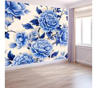 Papel pintado Patrón Floral Pintado A Mano, 300 x 210 cm Estilo De Porcelana China Azul Y Blanca Papel tapiz fotográfico personalizado no tejido para sala de estar y habitación infantil, Azul Beige
