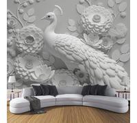 Papel pintado Pavo Real Flores 250 x 175 cm, Fotomurales Panorámico no tejido Blanco, Murales Decoración Pared Arte En Relieve 3D, para Dormitorio y Sala de Estar Oficina
