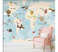 Papel Pintado Personalizado De Pared Con Mapa Del Mundo,Mural De Dibujos Animados De Animales,Velero,Avión,Papel Tapiz Fotográfico 3D Para Habitación De Niños Y Dormitorio-400X280Cm