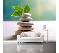 Papel Pintado Piedra Zenverde Montón De Piedras Hojas 3D Panorámico No Tejido - Fotomurales Decorativos Para Salón Dormitorio Y Oficina - Diseño Moderno Pared Del Hogar 400 X 280 Cm