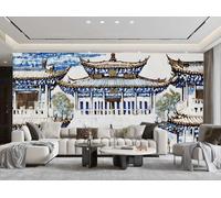 Papel Pintado Pintado A Mano Azul Degradado Arte Arquitectura Pabellón Pintura Al Óleo TV Sofá Sala De Estar Fondo Pared Restaurante Dormitorio Estudio Sala Mural,3D,400x280cm