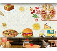 Papel Pintado Pintado A Mano Dibujos Animados Deliciosa Hamburguesa Pizzería Pollo Frito Tienda De Postres Pared De Fondo Restaurante Occidental Papel Tapiz Café Mural,3D,200x140cm
