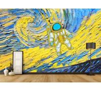 Papel Pintado Pintado A Mano Tema Del Universo Espacial Pintura Al Óleo Amarilla Y Azul Sala De Estar Bar Restaurante Occidental Fondo Mural De Pared Té De La Tarde Cafetería Papel Pintado,3D,300x21