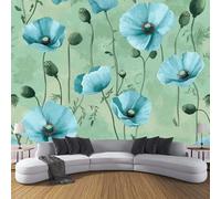 Papel Pintado Pintura Al Óleo Flores 350×256cm Fotomurales Para Pared de Seda 3D, Flores Amapola Turquesa Papel Tapiz Pintado En Tejido de seda - Pared Moderna,Verde Murales Fotográficos Decorativos