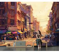 Papel Pintado Pintura Al Óleo Impresionista 150 × 105 Cm Fotomurales Para Pared 3D, Calle De La Ciudad Del Atardecer Papel Tapiz Pintado En Tejido De Seda - Naranja Murales Fotográficos Decorativos