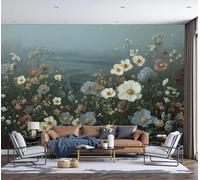 Papel Pintado Pintura Al Óleo Realista Efecto 3D Prado Flores Silvestres Ensueño - Verde Oscuro - Fotomurales Pared Decorativos Murales Fotográfico Decoración De Paredes (450 × 315 Cm)