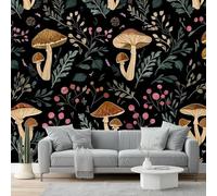 Papel pintado Plantas de hongos de naturaleza oscura Papel pintado tejido no tejido 300 x 210 cm decoración Pared decorativos Tv Fondo Pared Dormitorio Murales Papel Negro Rosa