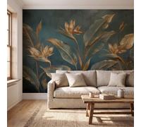 Papel Pintado Plantas De Lujo Tropicales Pared 3D Papel Tapiz - Ave Del Paraíso Hojas Grandes Murales Tapiz Fotomural para Sala Cuarto Oficina Salón Tv Fondo Pared Dormitorio Decoración, Azul Lago Oro