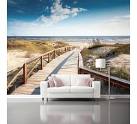 Papel pintado Playa del paseo marítimo junto al mar pintado no tejido 350 x 256 cm con diferentes Paredes en Baño, Sala de Estar, Dormitorio,Cocina Azul Marrón