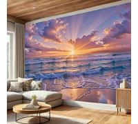 Papel pintado Playa Puesta De Sol 300 x 210 cm, Fotomurales Panorámico no tejido Color Naranja, Murales Decoración Pared Tranquilidad Paisaje Natural, para Dormitorio y Sala de Estar Oficina