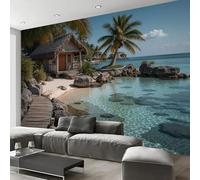 Papel Pintado Playa Retro Casa De Madera Salón Dormitorio Fotomurales Pared Paisaje Tropical Decorativos 3D Murales Fotográfico Papel Tapiz Moderno Azul Grisáceo Decoración De Paredes, 400X280Cm