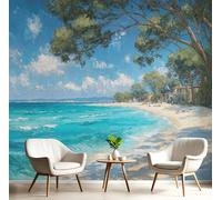 Papel Pintado Playa Tropical 350×256 Cm, Pintura Al Óleo Playa Verano Decoración De Paredes, Personalizable, Azul Celeste Ideal Para Salón, Dormitorio, Baño Y Oficina
