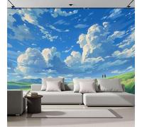 Papel Pintado Pradera Cielo Azul Nubes 400x280cm Efectos 3D Papel Tapiz Fotográfico Escena Pastoral Tranquila Póster Fotomurales Decoración Pared Para Dormitorio Sofá TV Decorativos Murales