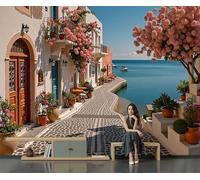 Papel Pintado Pueblo Pequeño Junto Al Mar, Fotomurales Pared Tejido Arquitectura Paisaje Natural, Azul Papel Tapiz Sala Póster Fotomurales, para Dormitorio Comedor Murales 250 x 175 cm