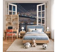 Papel Pintado Puente La Ciudad En El Cielo Nocturno Vista Ventana Moderna 450X315Cm (Wxh) Fotomurales Tejido No Tejido, Negro Papel Tapiz 3D Grande Murales Fotográfico Moderno Decoración De Paredes