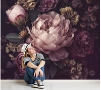 Papel Pintado Púrpura - Papel Pintado Panorámico 350x256cm, Estampado floral retro Peonía y Rosa Mural Decoración Del Hogar Para Sala dormitorio comedor oficina