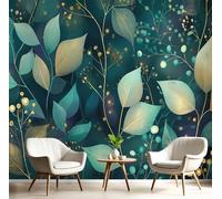 Papel Pintado Ramas De Bayas Pared 3D Papel Tapiz - Textura De Lámina De Oro Murales Tapiz Fotomural para Sala Cuarto Oficina Salón Tv Fondo Pared Dormitorio Decoración, Verde Azulado