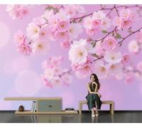 Papel Pintado Ramas De Cerezo En Flor Pared 3D Papel Tapiz - Estilo Japonés Elegante Murales Tapiz Fotomural para Sala Cuarto Oficina Salón Tv Fondo Pared Dormitorio Decoración, Rosa