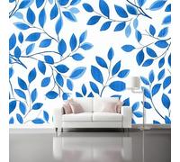 Papel Pintado Ramas Y Hojas Frescasazul Hojas Ramas 3D Panorámico No Tejido - Fotomurales Decorativos Para Salón Dormitorio Y Oficina - Diseño Moderno Pared Del Hogar