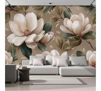 Papel Pintado Realismo Clásico 200 × 140 Cm Fotomurales Para Pared 3D, Flores Magnolia Acuarela Hojas Verdes Papel Tapiz Pintado En Tejido De Seda - Beige Murales Fotográficos Decorativos