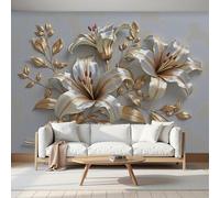 Papel Pintado Relieve De Lirio Metálico Arte De Plantas Industriales 300X210Cm (Wxh) Fotomurales Tejido No Tejido, Gris Dorado Papel Tapiz 3D Grande Murales Fotográfico Moderno Decoración De Paredes