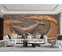 Papel Pintado Retro Bronce Escultura Gigante Ballena Ola Arte Textura Pintura Relieve Pintura TV Sofá Fondo Pared Dormitorio Sala Estudio Mural,3D,350x245cm