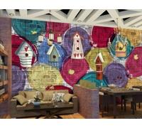 Papel Pintado Retro Colorido Pared De Ladrillo Graffiti Dibujos Animados Pequeña Casa Tema Tienda De Bebidas Restaurante Occidental Fondo Mural De Pared Té De La Tarde Cafetería Papel Pintado,3D,150