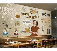 Papel pintado retro pared de ladrillo pintado a mano dibujos animados taberna bar decoración pintura cafetería restaurante mural, 3D, 300x210cm