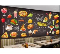 Papel Pintado Retro Pintado A Mano Comida Dibujos Animados Hamburguesa Pizza Restaurante De Comida Rápida Té De La Tarde Pared De Fondo Restaurante Occidental Papel Tapiz Café Mural,3D,200x140cm
