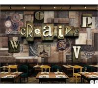 Papel Pintado Retro Tablero De Madera Letras Tridimensionales Reloj De Metal Personalidad Bar Cafetería Fondo Mural Restaurante Occidental Papel Pintado,3D,200x140cm