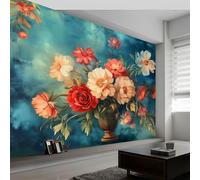 Papel Pintado Romance Flores Peonía Rosa 300 x 210 cm Fotomurales decorativos modernos de pared en tejido no tejido Verde Oscuro, para murales fotográficos para salón o dormitorio