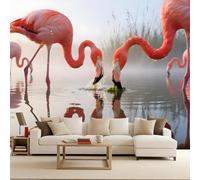 Papel Pintado Rosa Flamenco Río Plantas Flores 400x280 cm Efectos 3D Papel Tapiz Fotográfico Tejido No Tejido Mate Póster Fotomurales Decoración Pared Para Dormitorio Salón Decorativos Murales