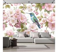 Papel Pintado Rosa - Papel Pintado Panorámico 350x256cm, Flores en acuarela Colibrí Flores Rosadas Mural Decoración Del Hogar Para Sala dormitorio comedor oficina