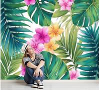 Papel Pintado Rosa Verde - Papel Pintado Panorámico 250x175cm, Estilo tropical Flores y hojas de palma Mural Decoración Del Hogar Para Sala dormitorio comedor oficina