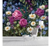 Papel Pintado Rosas Margaritas Pared 3D Papel Tapiz - Pintura Óleo Flores Abstractas Murales Tapiz Fotomural para Sala Cuarto Oficina Salón Tv Fondo Pared Dormitorio Decoración 450x315cm Verde Oscuro